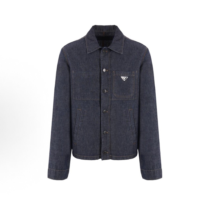 prada linen blend triangle metal logo denim jacket